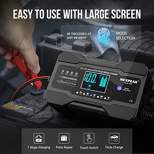 10-Amp Car Battery Charger, 12V and 24V Smart Fully Automatic Battery Charger Maintainer Trickle Charger w/Temperature Compensation for Car Truck Motorcycle Lawn Mower Boat Marine Lead Acid Batteries