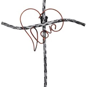 Top Brass Love/Heart Decorative Metal Wall Cross - Welded Wrought Iron - Valentine, Anniversary Jesus Art Decor - Antigue Silver/Copper Finish