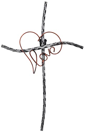 Top Brass Love/Heart Decorative Metal Wall Cross - Welded Wrought Iron - Valentine, Anniversary Jesus Art Decor - Antigue Silver/Copper Finish