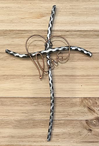 Top Brass Love/Heart Decorative Metal Wall Cross - Welded Wrought Iron - Valentine, Anniversary Jesus Art Decor - Antigue Silver/Copper Finish