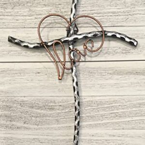 Top Brass Love/Heart Decorative Metal Wall Cross - Welded Wrought Iron - Valentine, Anniversary Jesus Art Decor - Antigue Silver/Copper Finish