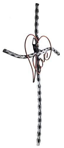 Top Brass Love/Heart Decorative Metal Wall Cross - Welded Wrought Iron - Valentine, Anniversary Jesus Art Decor - Antigue Silver/Copper Finish