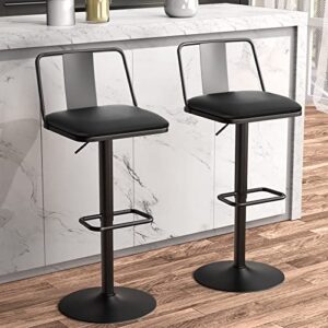 raynesys metal swivel barstools set of 2, enlarged pu leather seat with metal back, adjustable from 24" to 33" for counter height & bar height, modern design for kitchen and restaurant,matteblack