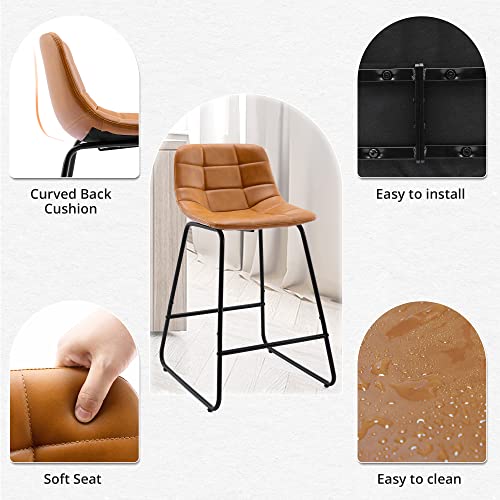 LUE BONA Counter Height Bar Stools, Indoor/Outdoor Mid Century Modern Upholstered Checkered Pattern Leather Dining Chair with Metal Legs, 24" Bar Stools Set of 4, for Kitchen Island, Whiskey Brown