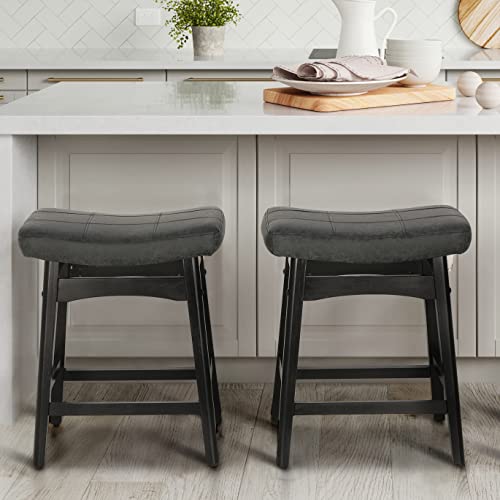 MAISON ARTS Black Counter Height Bar Stools Set of 2 for Kitchen Counter Solid Wood Legs with Faux Leather Saddle Seat Farmhouse Barstools for 34"-38" Counter Island Upholstered Stools, 24in Height