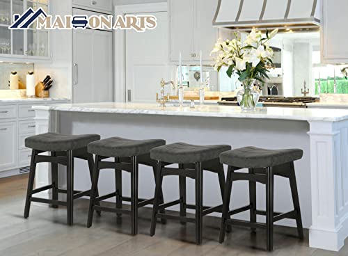 MAISON ARTS Black Counter Height Bar Stools Set of 2 for Kitchen Counter Solid Wood Legs with Faux Leather Saddle Seat Farmhouse Barstools for 34"-38" Counter Island Upholstered Stools, 24in Height