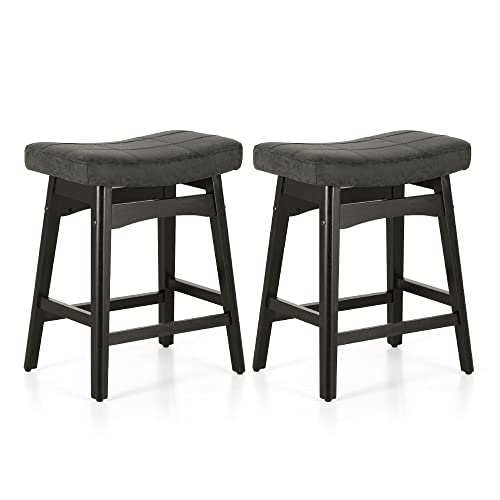 MAISON ARTS Black Counter Height Bar Stools Set of 2 for Kitchen Counter Solid Wood Legs with Faux Leather Saddle Seat Farmhouse Barstools for 34"-38" Counter Island Upholstered Stools, 24in Height