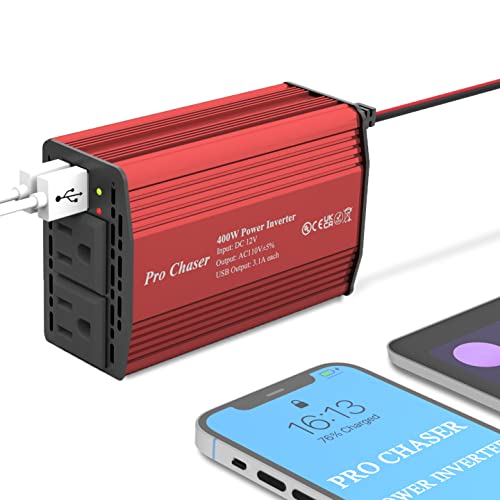 Pro Chaser 400W Power Inverters for Vehicles - DC 12v to 110v AC Car Inverter Converter, 6.2A Dual USB Charging Ports, Dual AC Adapter for Air Compressor Laptops