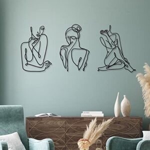 Photect 3 Pieces Metal Wall Art Decor Minimalist Abstract Woman Wall Art Modern Line Drawing Wall Art Decor Metal Female Single Line Wall Home Hanging for Bedroom Kitchen Bathroom Living Room (Black, Modern)