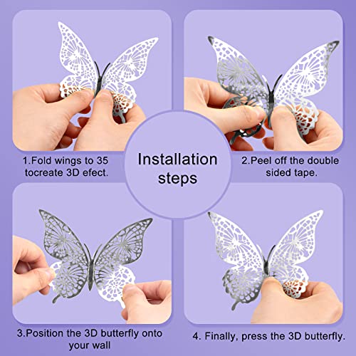 AMMON 3D Butterfly Wall Decor 48 Pcs Silvery 3 Sizes Decal Decorations for Birthday Party Cake Mural Sticker Removable Room Wall Art Stickers for Kids Nursery Classroom Bedroom Living Room Party Wedding