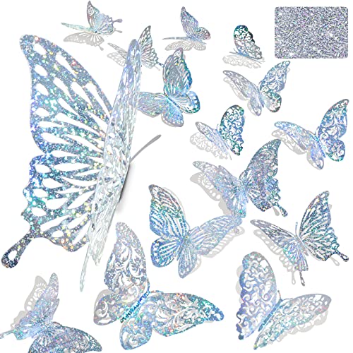 60 Pcs 3D Sequined Silver Butterfly Wall Decor, 5 Styles 3 Sizes,Butterfly Cake Birthday Party Baby Shower Decorations Iridescent ,Metallic Room Mural Wall Stickers (Sequined Silver)