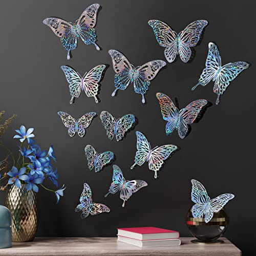 60 Pcs 3D Sequined Silver Butterfly Wall Decor, 5 Styles 3 Sizes,Butterfly Cake Birthday Party Baby Shower Decorations Iridescent ,Metallic Room Mural Wall Stickers (Sequined Silver)