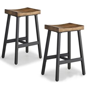oulluo black bar stools, counter height bar stools, set of 2, brown solid wood saddle stools with metal legs, 24 inch kitchen counter stools, stools for dining room kitchen island, pub,bar,521p-bbwd