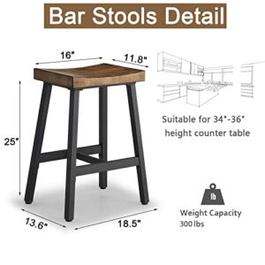 OUllUO Black Bar Stools, Counter Height Bar Stools, Set of 2, Brown Solid Wood Saddle Stools with Metal Legs, 24 Inch Kitchen Counter Stools, Stools for Dining Room Kitchen Island, Pub,Bar,521P-BBWD