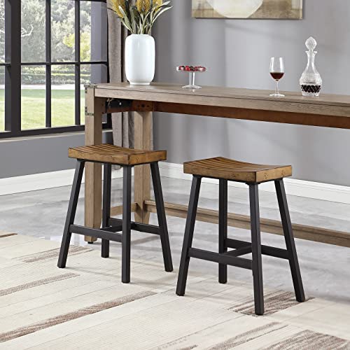 OUllUO Black Bar Stools, Counter Height Bar Stools, Set of 2, Brown Solid Wood Saddle Stools with Metal Legs, 24 Inch Kitchen Counter Stools, Stools for Dining Room Kitchen Island, Pub,Bar,521P-BBWD
