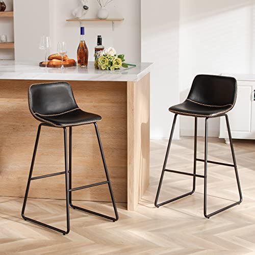 HeuGah Bar Stools,30" Bar Height Stools Set of 2,Faux Leather Bar Stools with Back,Modern Counter Stool for Kitchen Island (Black)