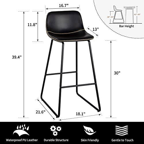 HeuGah Bar Stools,30" Bar Height Stools Set of 2,Faux Leather Bar Stools with Back,Modern Counter Stool for Kitchen Island (Black)