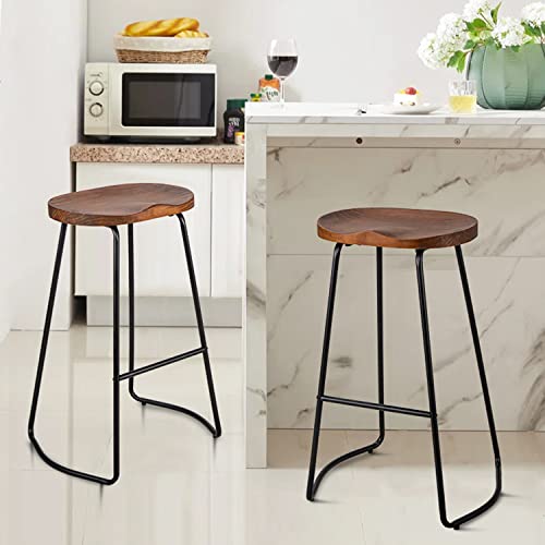 HeuGah Bar Stools, Solid Wood Barstools Set of 2, 30" Bar Height Bar Stools with Metal Leg, Rustic Backless Bar Stools for Kitchen Island, Bar Chairs with Solid Wood Saddle Seat (Walnut, 30 Inch)