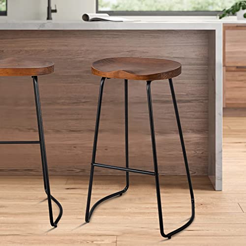 HeuGah Bar Stools, Solid Wood Barstools Set of 2, 30" Bar Height Bar Stools with Metal Leg, Rustic Backless Bar Stools for Kitchen Island, Bar Chairs with Solid Wood Saddle Seat (Walnut, 30 Inch)