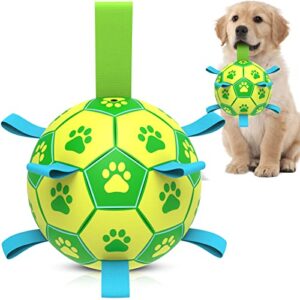 qdan dog toys soccer ball, interactive dog toys for tug of war, dog tug toy, dog water toy, durable dog balls for small & medium dogs-green&yellow(6 inch)