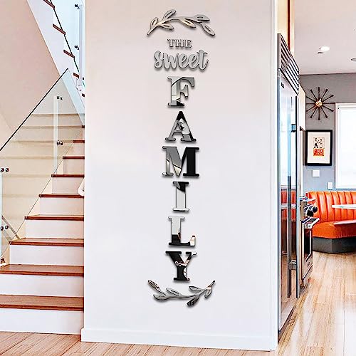 YUZUCMCM Home Wall Decor Family Letter Signs Mirrors Wall Stickers Wall Decor for Living Room Bedroom Wall Decals Peel and Stick(Silver, 88 X 18 in)