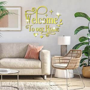 Welcome to Our Home Wall Decor Sticker, Home Acrylic 3D Mirror Wall Decal, Removable Art Letter Sign, Wall Door Quote Decoration DIY for Living Room Bedroom Sofa TV Background (Silver)