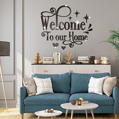 Welcome to Our Home Wall Decor Sticker, Home Acrylic 3D Mirror Wall Decal, Removable Art Letter Sign, Wall Door Quote Decoration DIY for Living Room Bedroom Sofa TV Background (Silver)