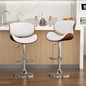 yafiti bar stools set of 2, bentwood adjustable height swivel bar stools, pu leather upholstered bar chair with back and footrest for bar, kitchen, dining room