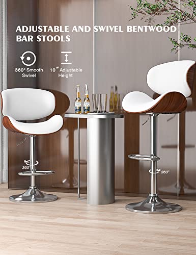 YaFiti Bar Stools Set of 2, Bentwood Adjustable Height Swivel Bar Stools, PU Leather Upholstered Bar Chair with Back and Footrest for Bar, Kitchen, Dining Room