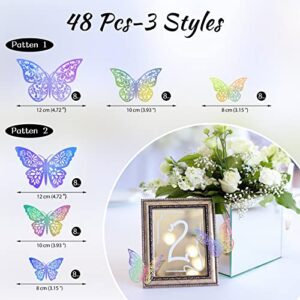 48pcs Laser 3D Butterfly Wall Decor, HKFUON 3 Sizes, 2 Styles Removable Paper Butterfly Wall Stickers Decorations, Butterflies Decals for Party Birthday Cake Baby Shower Bedroom Wedding Crafts Decor (Laser, 48pcs)