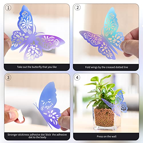 48pcs Laser 3D Butterfly Wall Decor, HKFUON 3 Sizes, 2 Styles Removable Paper Butterfly Wall Stickers Decorations, Butterflies Decals for Party Birthday Cake Baby Shower Bedroom Wedding Crafts Decor (Laser, 48pcs)