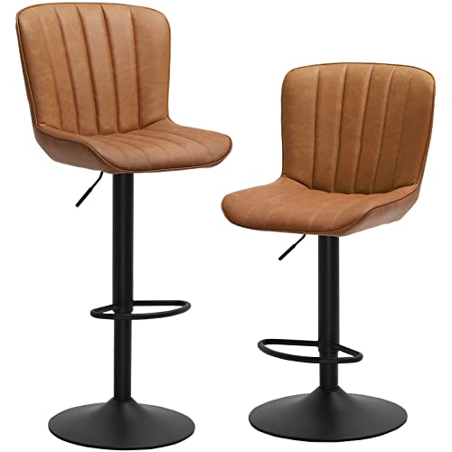 DICTAC Bar Stools Set of 2 Brown Leather, Swivel Bar Chairs Set of 2, Counter Height Barstools for Kitchen Island, Capacity 400lbs