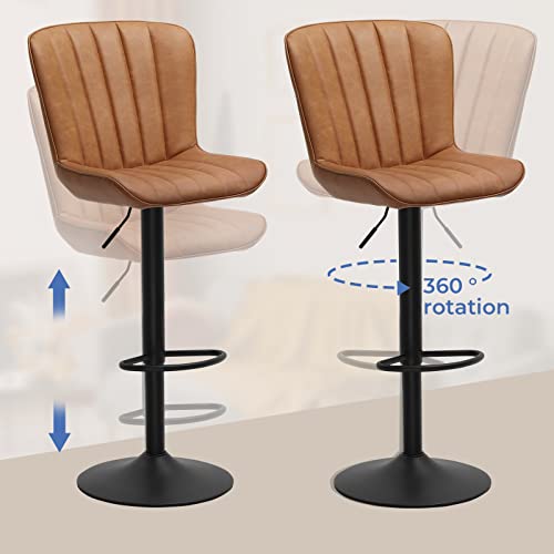 DICTAC Bar Stools Set of 2 Brown Leather, Swivel Bar Chairs Set of 2, Counter Height Barstools for Kitchen Island, Capacity 400lbs