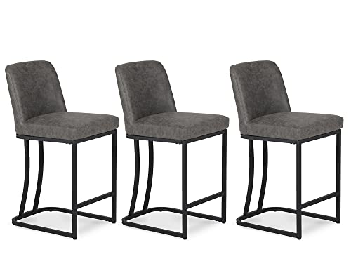 MAISON ARTS Counter Height 24" Bar Stools Set of 3 with Back for Kitchen Counter Modern Upholstered Barstools Faux Leather Farmhouse Bar Chairs Island Stools Support 330LBS, 24 Inch, Grey+Black Frame