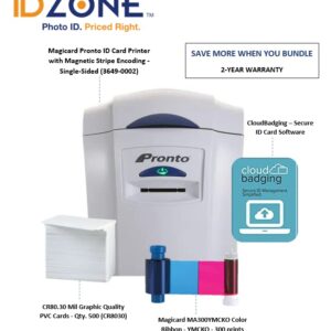 Magicard Pronto ID Card Printer - Single-Sided - 3649-0001 w/Magicard MA300YMCKO Color Ribbon - YMCKO - 300 Prints, Premium White Blank Plastic CR80 30 Mil PVC Cards (500 Pack), & CloudBadging Lite