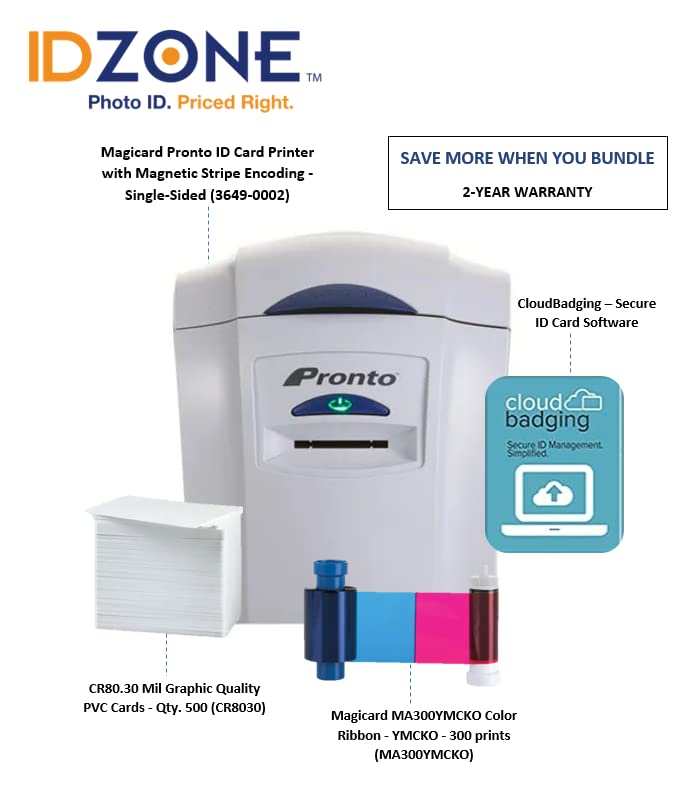 Magicard Pronto ID Card Printer - Single-Sided - 3649-0001 w/Magicard MA300YMCKO Color Ribbon - YMCKO - 300 Prints, Premium White Blank Plastic CR80 30 Mil PVC Cards (500 Pack), & CloudBadging Lite