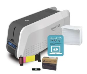 idp smart-51d n id card printer - dual-sided - no lamination - 651406 w/idp 659376 color ribbon - ymckok -200 prints, premium white blank plastic cr80 30 mil pvc cards (500 pack), & cloudbadging lite