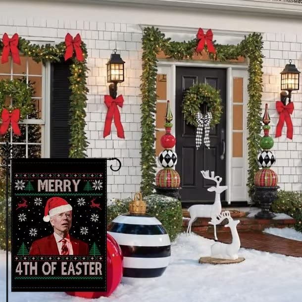 Happy Christmas Flag Merry 4th Of Easter Funny Joe Biden Christmas Flag For Happy Christmas Double Sided Vertical 12.5 x 18 Inch for Seasonal Holiday Yard Decorations