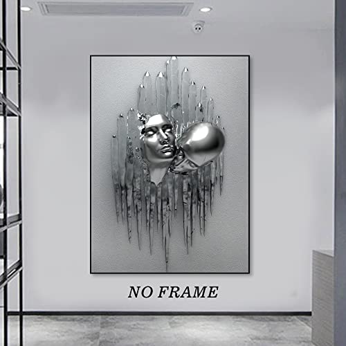 3d Metal Effect Wall Art Abstract Couple Picture Silver Metal Painting Couple Hugging Wall Art Modern Love Poster Couple Metal Canvas Painting for Living Room Bedroom Wall Decor 16x24inch No Frame