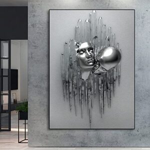 3d metal effect wall art abstract couple picture silver metal painting couple hugging wall art modern love poster couple metal canvas painting for living room bedroom wall decor 16x24inch no frame