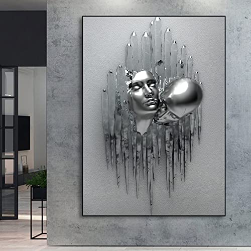 3d Metal Effect Wall Art Abstract Couple Picture Silver Metal Painting Couple Hugging Wall Art Modern Love Poster Couple Metal Canvas Painting for Living Room Bedroom Wall Decor 16x24inch No Frame