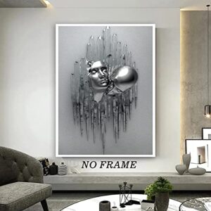 3d Metal Effect Wall Art Abstract Couple Picture Silver Metal Painting Couple Hugging Wall Art Modern Love Poster Couple Metal Canvas Painting for Living Room Bedroom Wall Decor 16x24inch No Frame