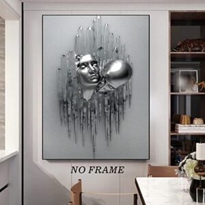 3d Metal Effect Wall Art Abstract Couple Picture Silver Metal Painting Couple Hugging Wall Art Modern Love Poster Couple Metal Canvas Painting for Living Room Bedroom Wall Decor 16x24inch No Frame