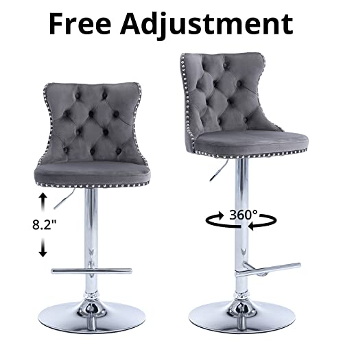 Swivel Bar Stools Set of 2, Adjustable Counter Height Barstools with Nailheads Trim, Button Tufted Back and Silver Footrest, Velvet Upholstered Bar Chairs for Dining Room Home Bar Kitchen Island, Gray