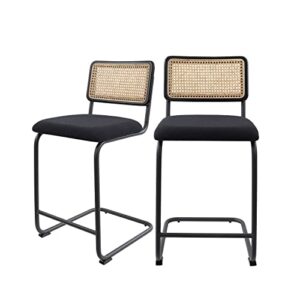 modern counter height bar stools set of 2 with natural rattan cane and solid wood backs, boucle fabric upholstery with metal chrome legs mid century bar chairs (black, 2pcs-24'' counter height stool)