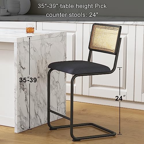 Modern Counter Height Bar Stools Set of 2 with Natural Rattan Cane and Solid Wood Backs, Boucle Fabric Upholstery with Metal Chrome Legs Mid Century Bar Chairs (Black, 2PCS-24'' Counter Height Stool)