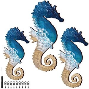 3 pcs large seahorse decor coastal ocean seahorse wall art family set blue wooden seahorse beach wall art wood ocean beach theme seahorse hanging decoration for home, pool and patio