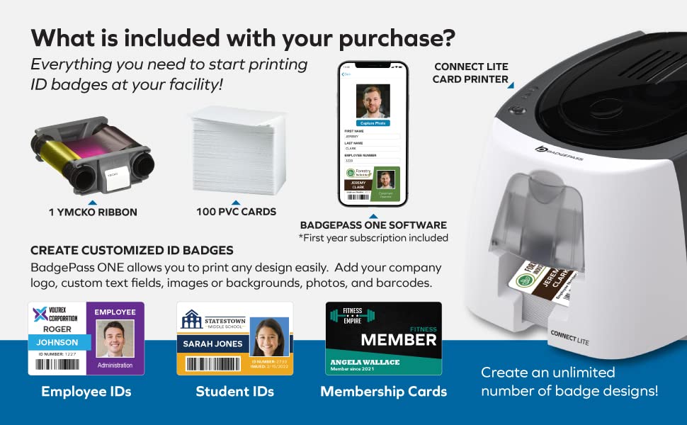 BadgePass ConnectLITE ID Card Printer & Supply Bundle ONE Cloud Photo ID Software- 1st Year Included! (ID Card Printer, ID Software, PVC Cards, YMCKO Ribbon, and Cleaning Kit Included)