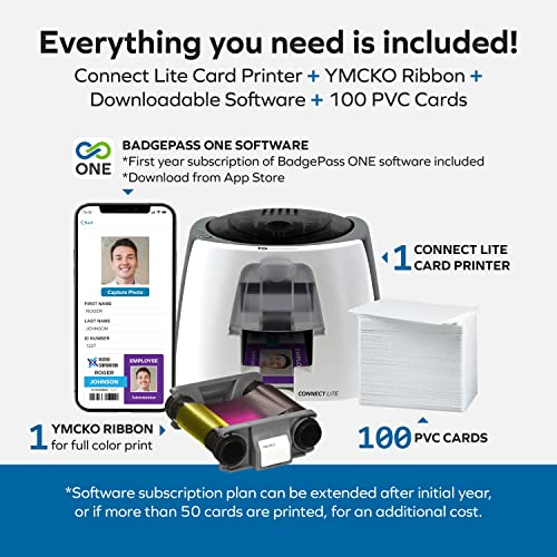 BadgePass ConnectLITE ID Card Printer & Supply Bundle ONE Cloud Photo ID Software- 1st Year Included! (ID Card Printer, ID Software, PVC Cards, YMCKO Ribbon, and Cleaning Kit Included)