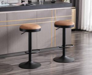 ealson modern swivel bar stools set of 2 adjustable counter height backless barstools with metal base leather upholstered round bar stool chairs for kitchen island/pub/breakfast bar, brown